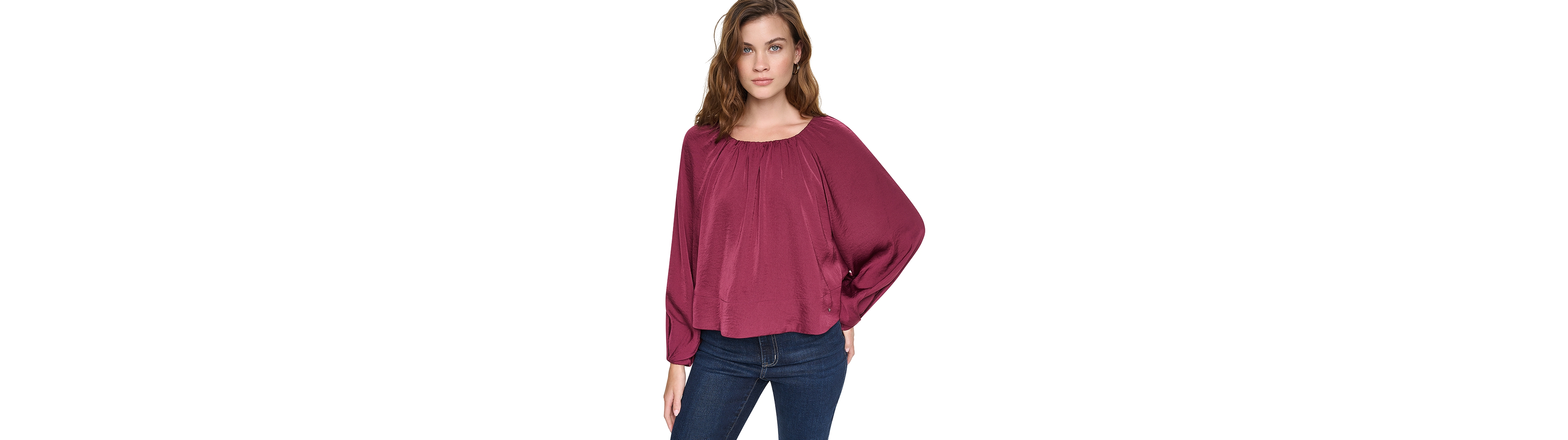 Dkny Jeans Women's Shirred Boat Neck Raglan Long-Sleeve Top