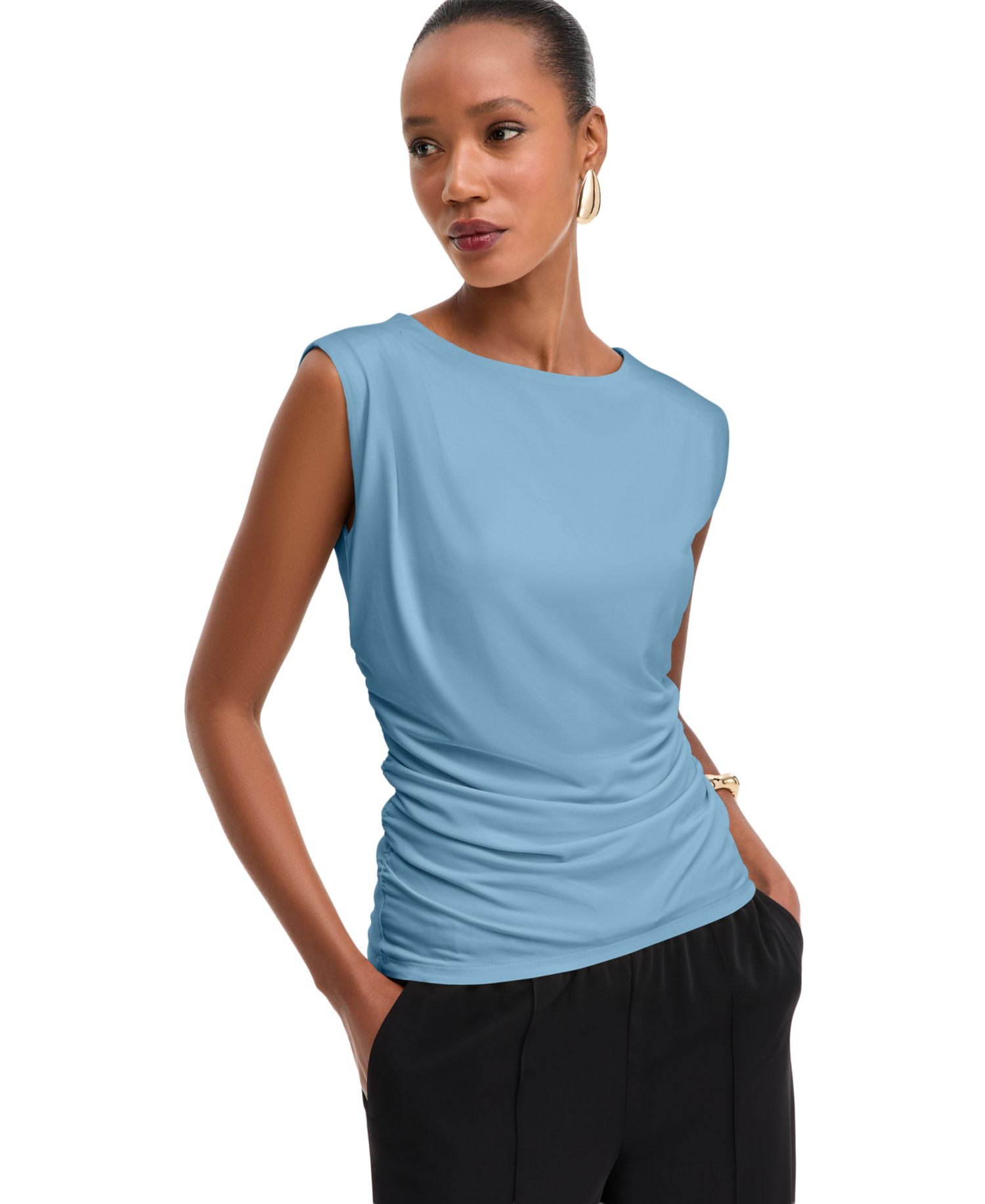 Women's Sleeveless Ruched Boatneck Knit Top
