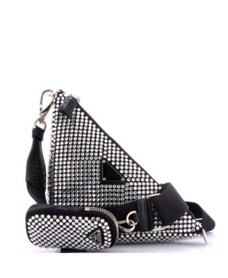 Small Triangle Logo Zip Crossbody Bag Crystal Embellished Satin