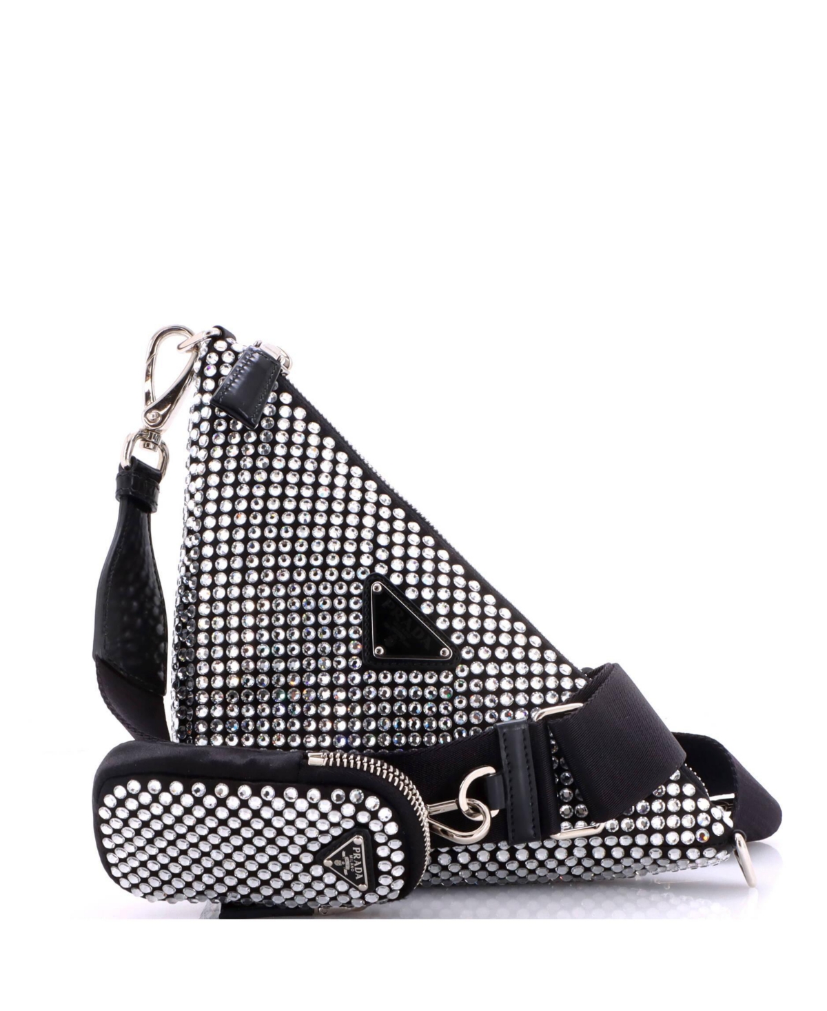 Pre-Owned Prada Small Triangle Logo Zip Crossbody Bag Crystal Embellished Satin