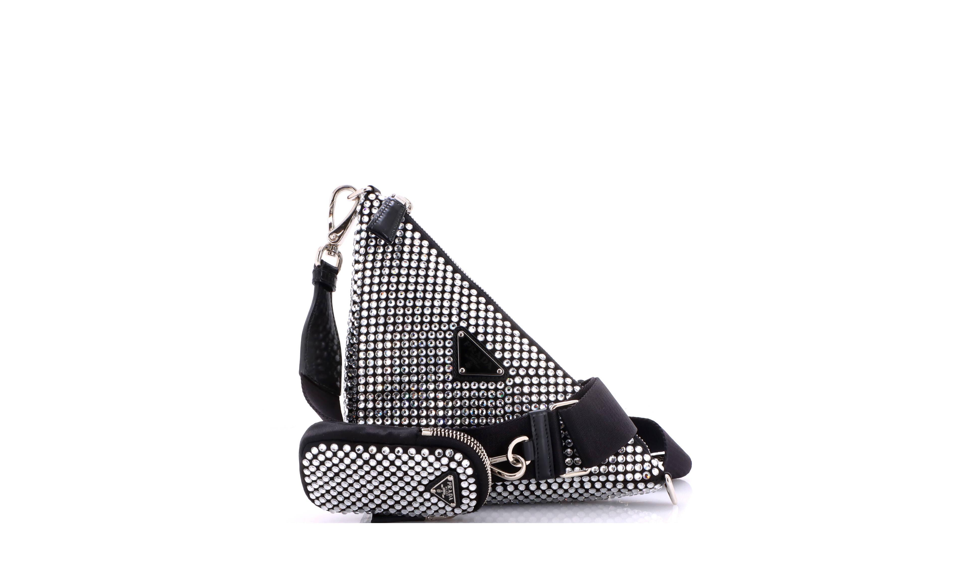 Pre-Owned Prada Small Triangle Logo Zip Crossbody Bag Crystal Embellished Satin