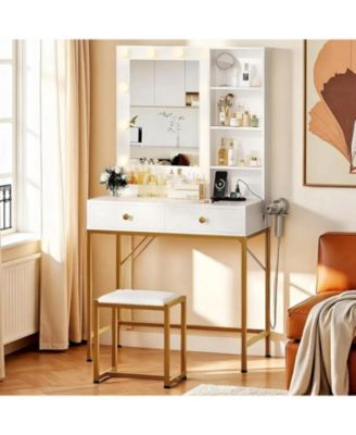 Modern Vanity Desk with Mirror and Lights and Charging Station, Makeup Vanity Table with 2 Drawer and Open Shelves and Stool