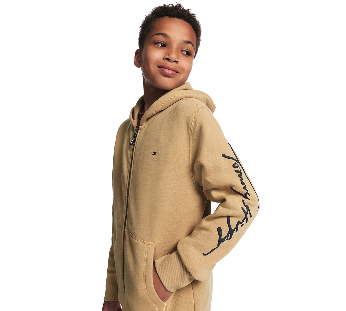 Tommy Hilfiger Boys' 8-20 Signature Full Zip Kangaroo-Pocket Cotton-Polyester Blend Zip Hoodie - Incense