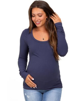 Women's Navy Ribbed Ruched Long Sleeve Top