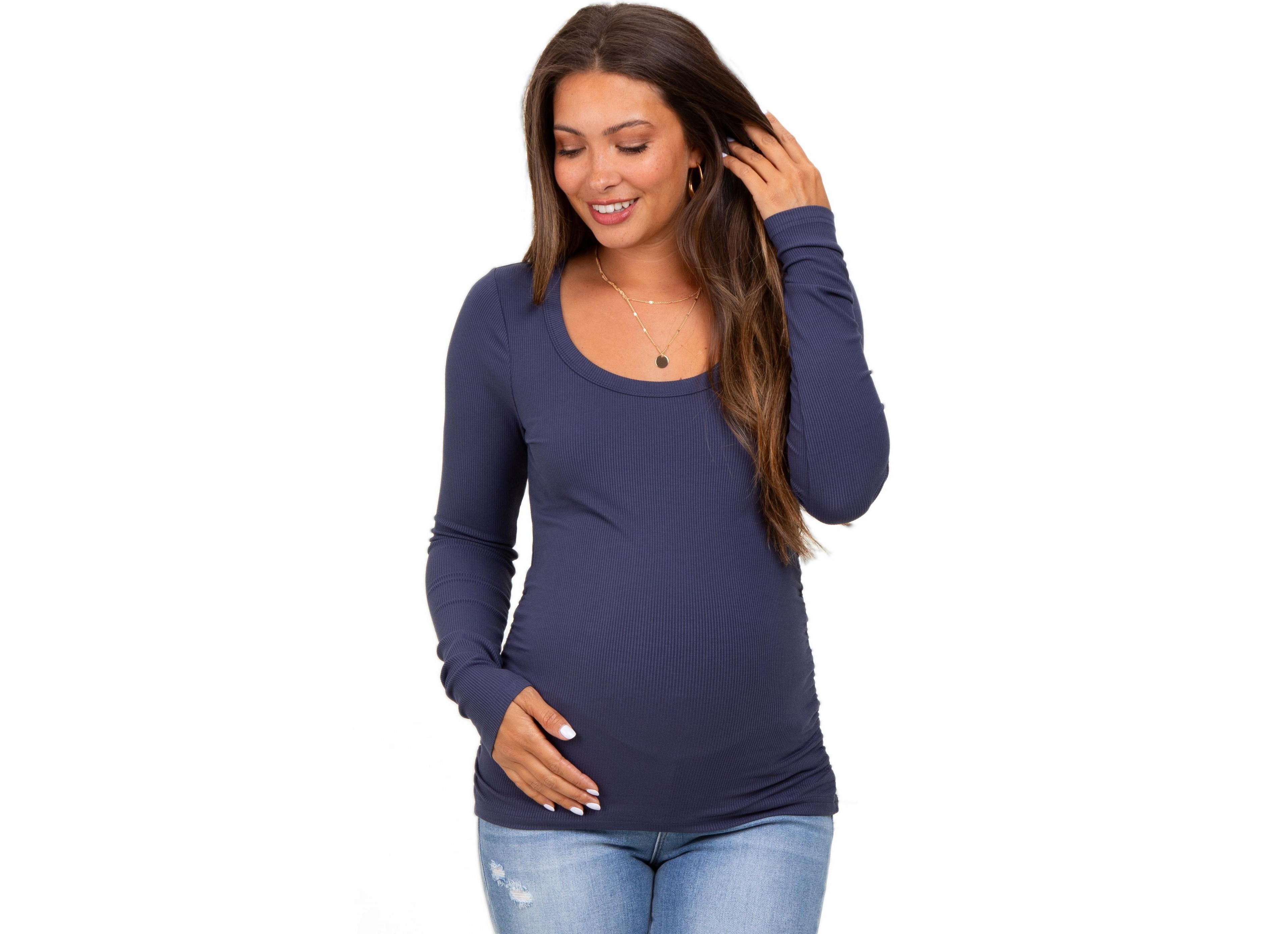 Pinkblush Women's Navy Ribbed Ruched Long Sleeve Top