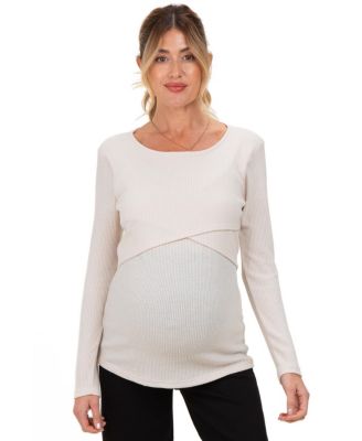 Women's Cream Ribbed Crossover Maternity/Nursing Top