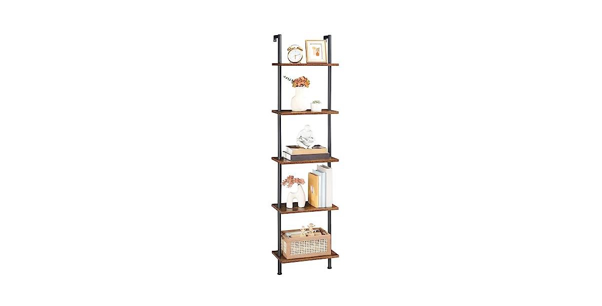 Slickblue 5 Tier Ladder Shelf Wooden Bookcase for Home Office Bedroom and Living Room - Brown