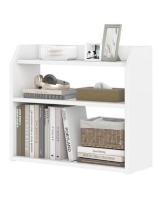 3-Tier Desktop Bookshelf Wooden Countertop Bookcase with Raised Top Guardrails