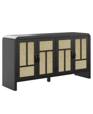 Rattan Sideboard Buffet Cabinet, 4 Door Curved Boho Credenza with Adjustable Shelves
