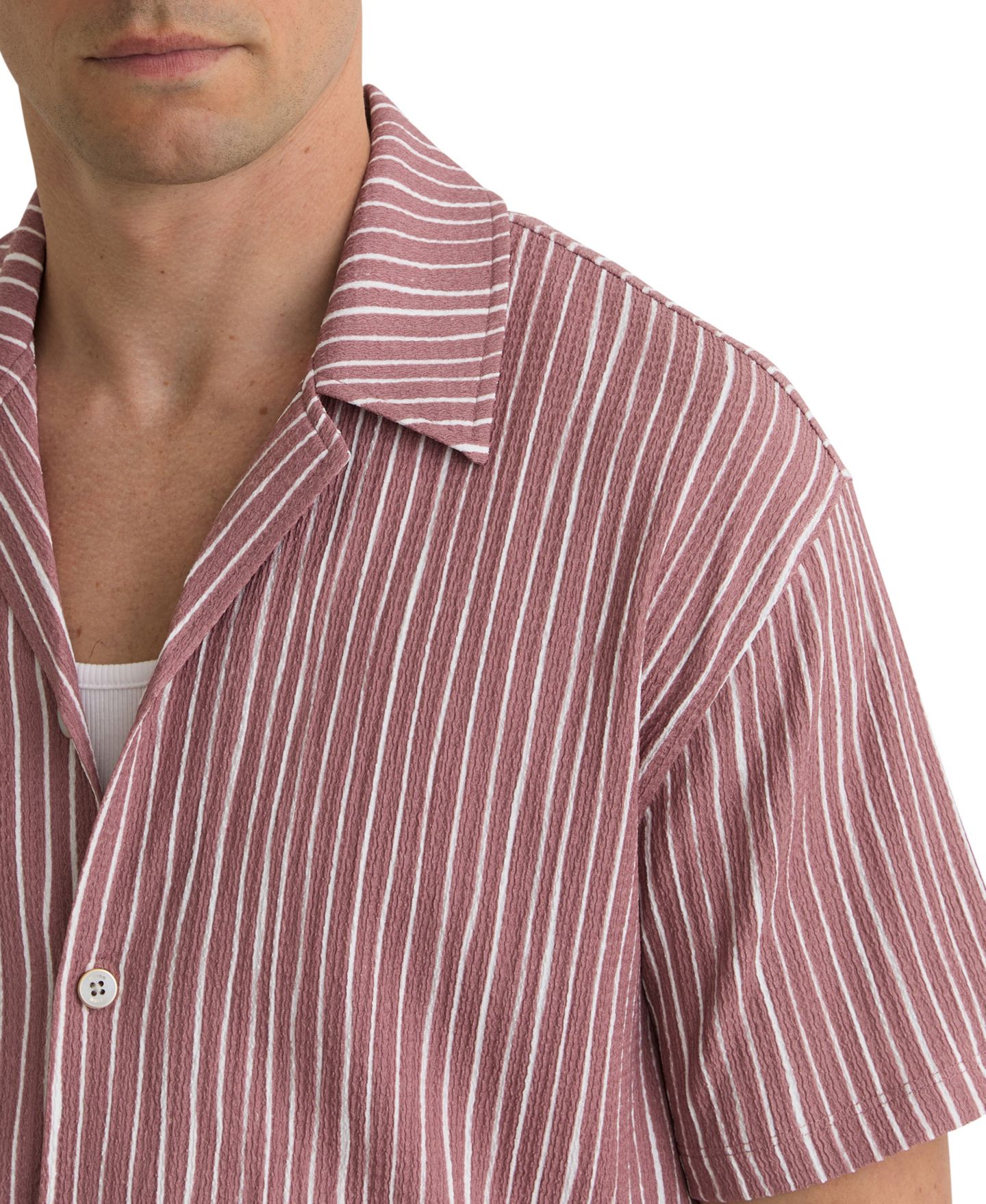 Мужская рубашка REISS Max Textured-Stripe Cuban-Collar Short-Sleeve, цвет: Розовый — фото 5