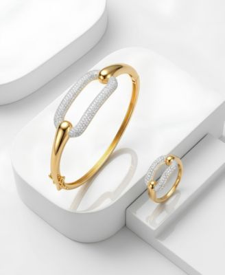 Sterling Silver Two-Toned Geometric Open-Link Brilliant CZ Pav&eacute; Bangle Bracelet & Ring - Jewelry Collection