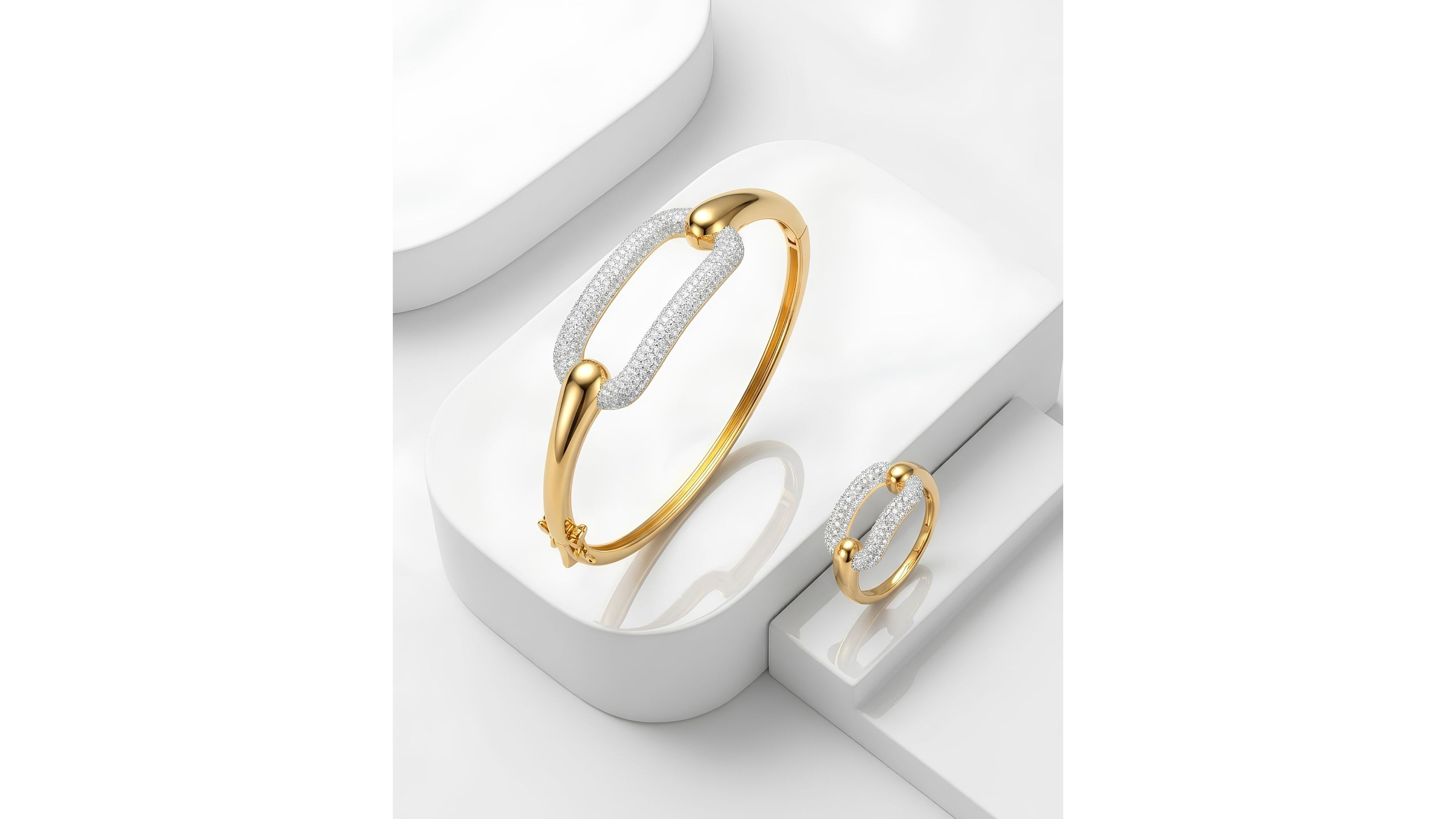 Genevive Sterling Silver Two Toned Geometric Open Link Brilliant Cz Pave Bangle Bracelet Ring Jewelry Collection