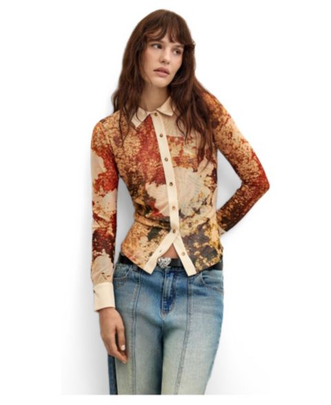 Женская рубашка Desigual Long-Sleeve Printed Collared, цвет: Песочный