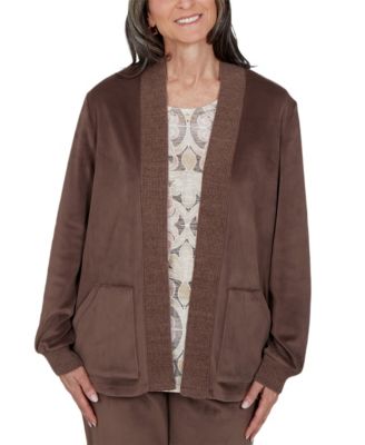 Women's Shawl-Collar Open-Front Long-Sleeve Faux Suede Cardigan Sweater