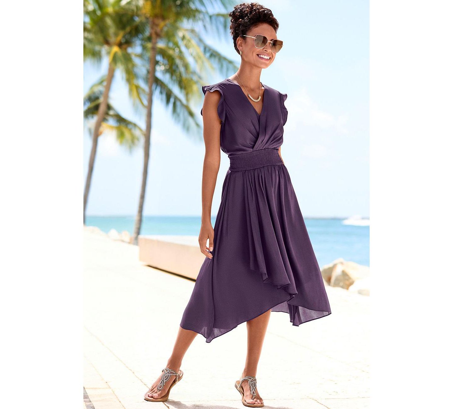 Женское платье Lascana Ruffle-Sleeve Satin High-Low Midi, цвет: Фиолетовый — фото 2