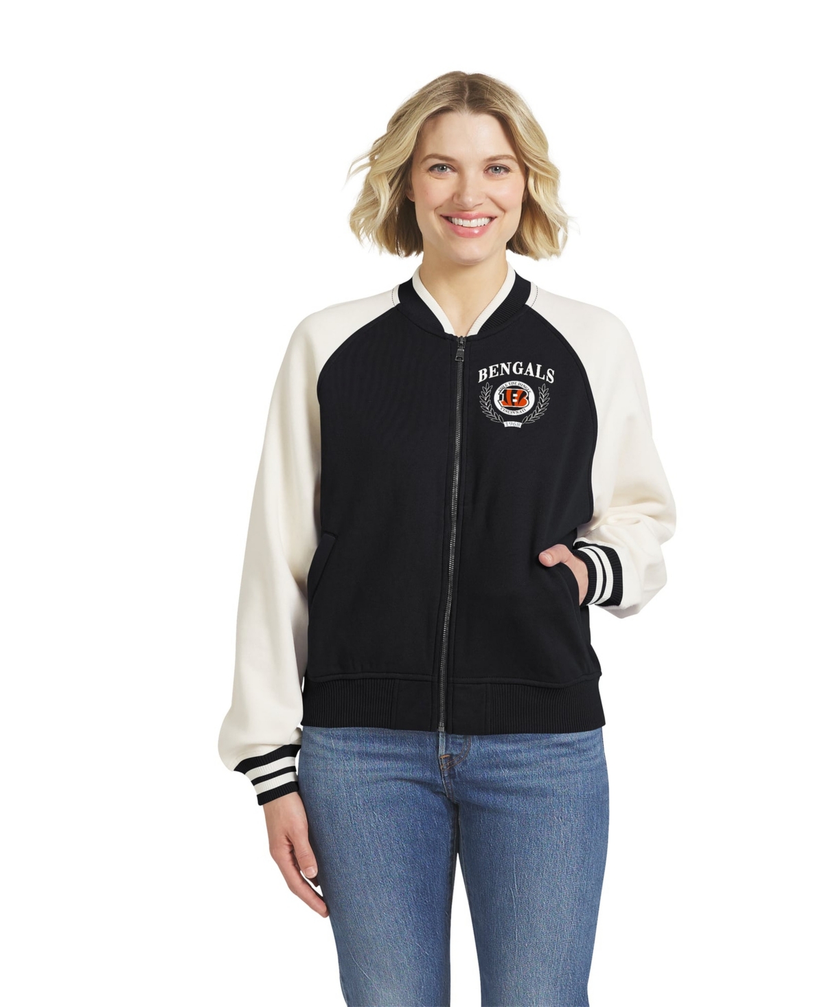 Wear by Erin Andrews Women's Cincinnati Bengals Full-Zip Fleece Varsity Jacket - Black