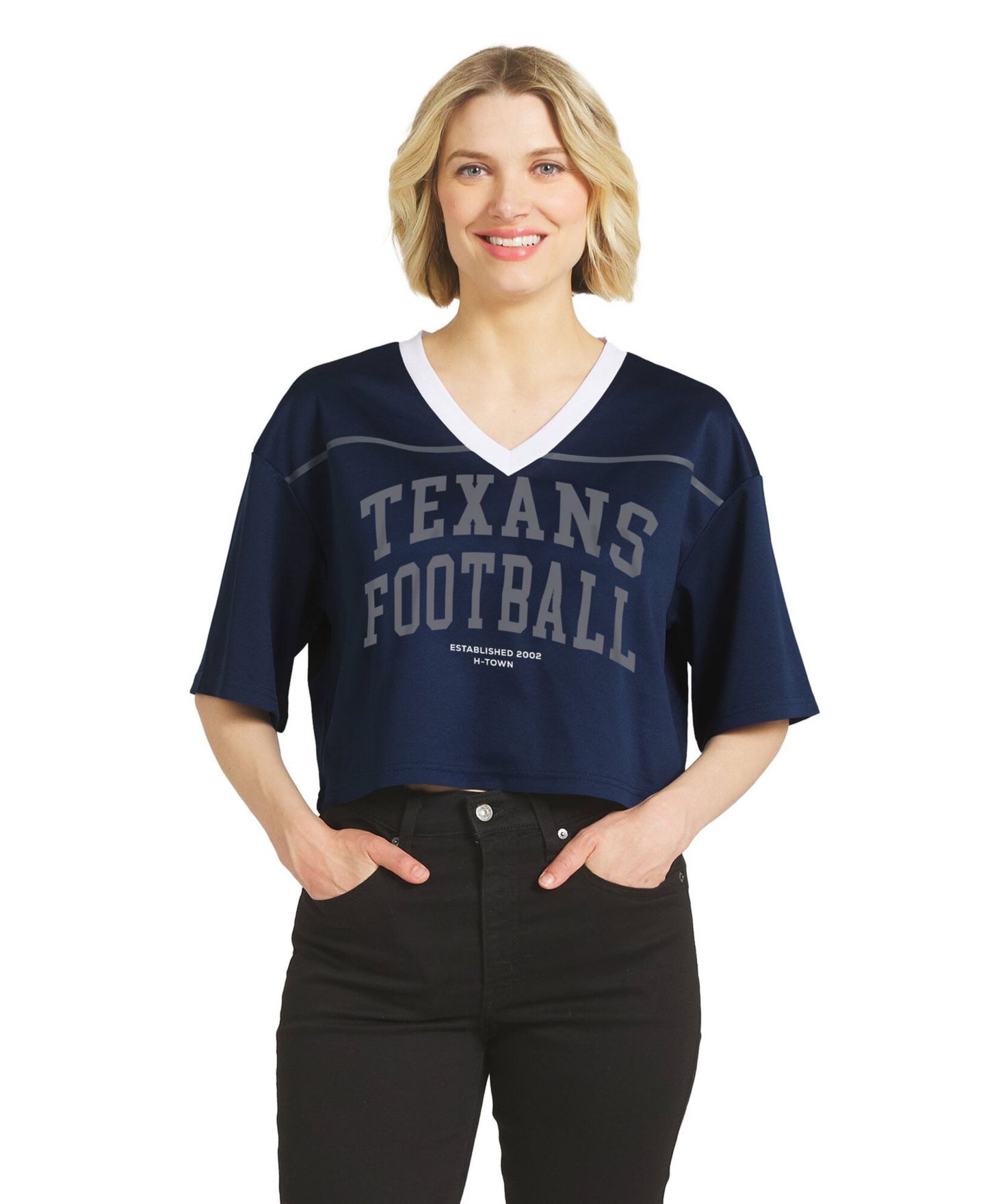 Женская футболка WEAR by Erin Andrews Navy Houston Texans Cropped V-Neck Jersey — фото 1