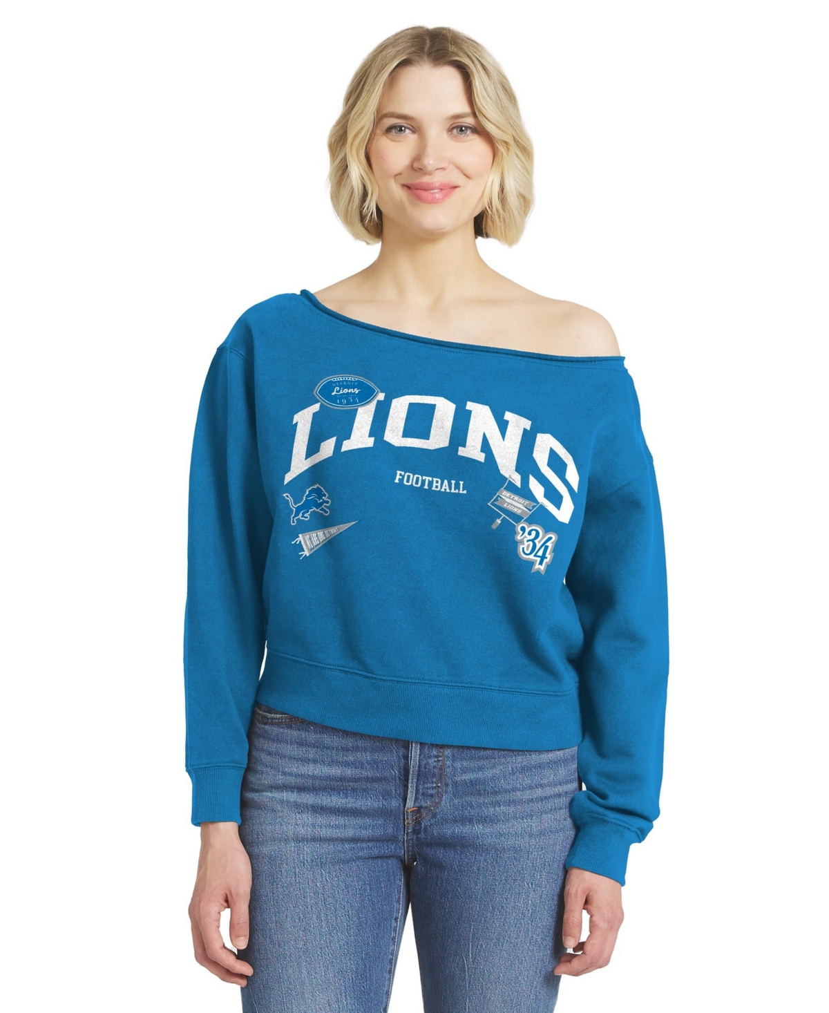 Wear by Erin Andrews Women's Detroit Lions Off-the-Shoulder Screen-print Graphics Sweatshirt