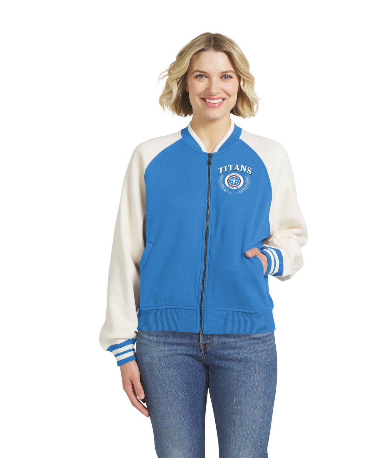 Wear by Erin Andrews Women's Tennessee Titans Varsity Raglan Full-Zip Fleece Jacket - Light Blue