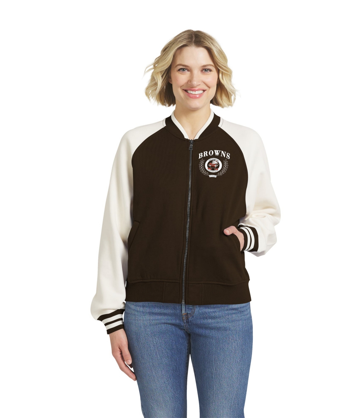 Wear by Erin Andrews Women's Cleveland Browns Throwback Varsity Fleece-lined Raglan Full-Zip Jacket - Brown