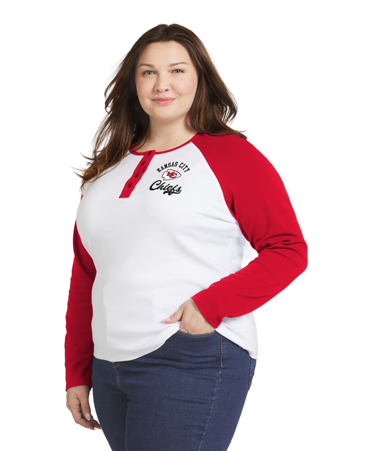 Women's WEAR by Erin Andrews  White/Red Kansas City Chiefs Plus Size Henley Long Sleeve Raglan T-Shirt