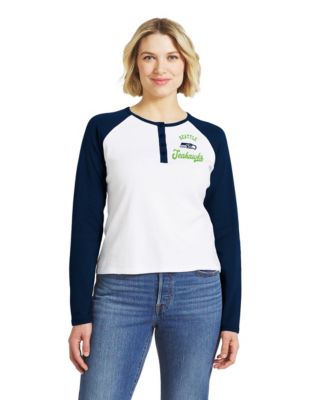 Women's  White/College Navy Seattle Seahawks Henley Long Sleeve Raglan T-Shirt