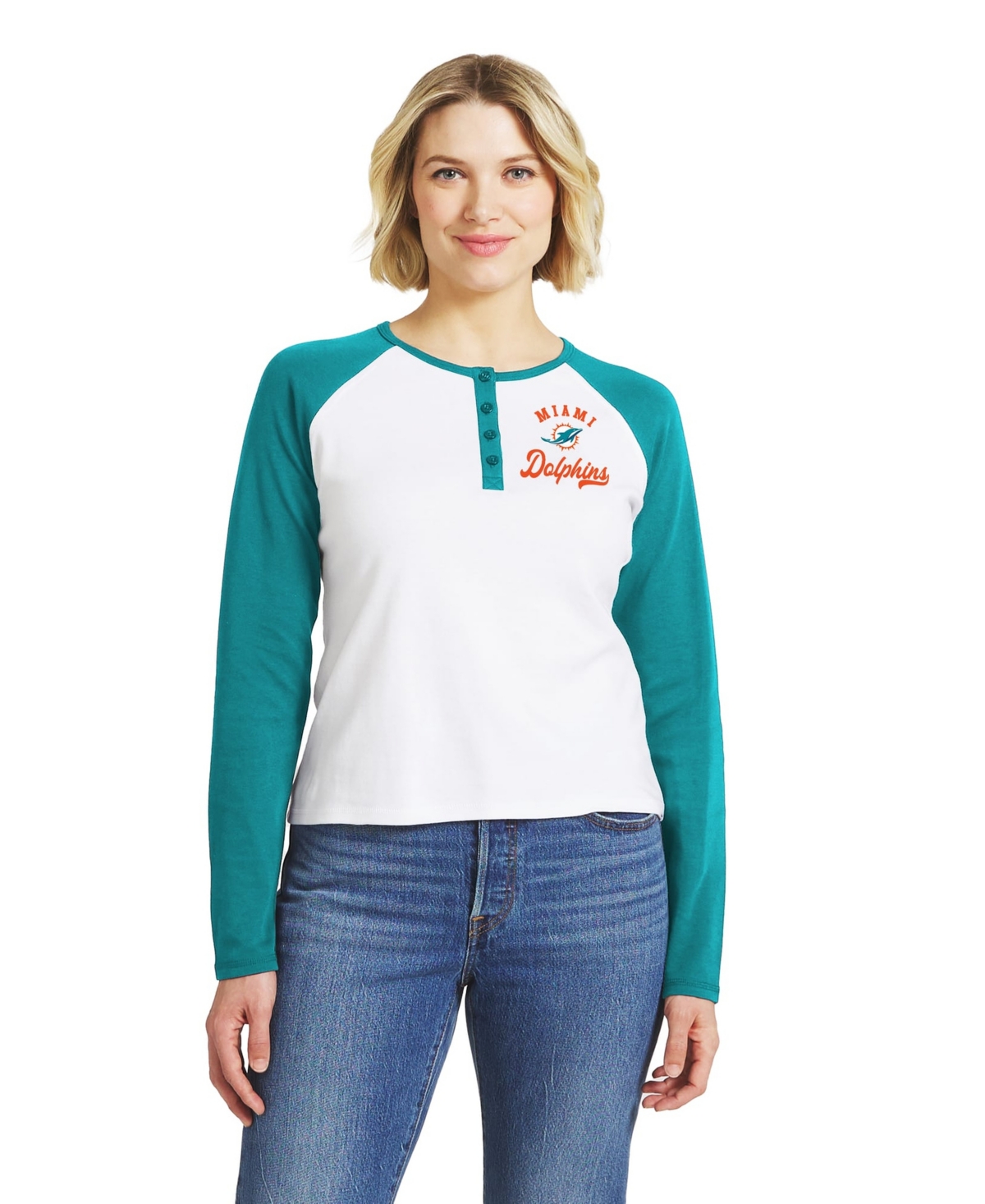 Women's WEAR by Erin Andrews  White/Aqua Miami Dolphins Henley Long Sleeve Raglan T-Shirt