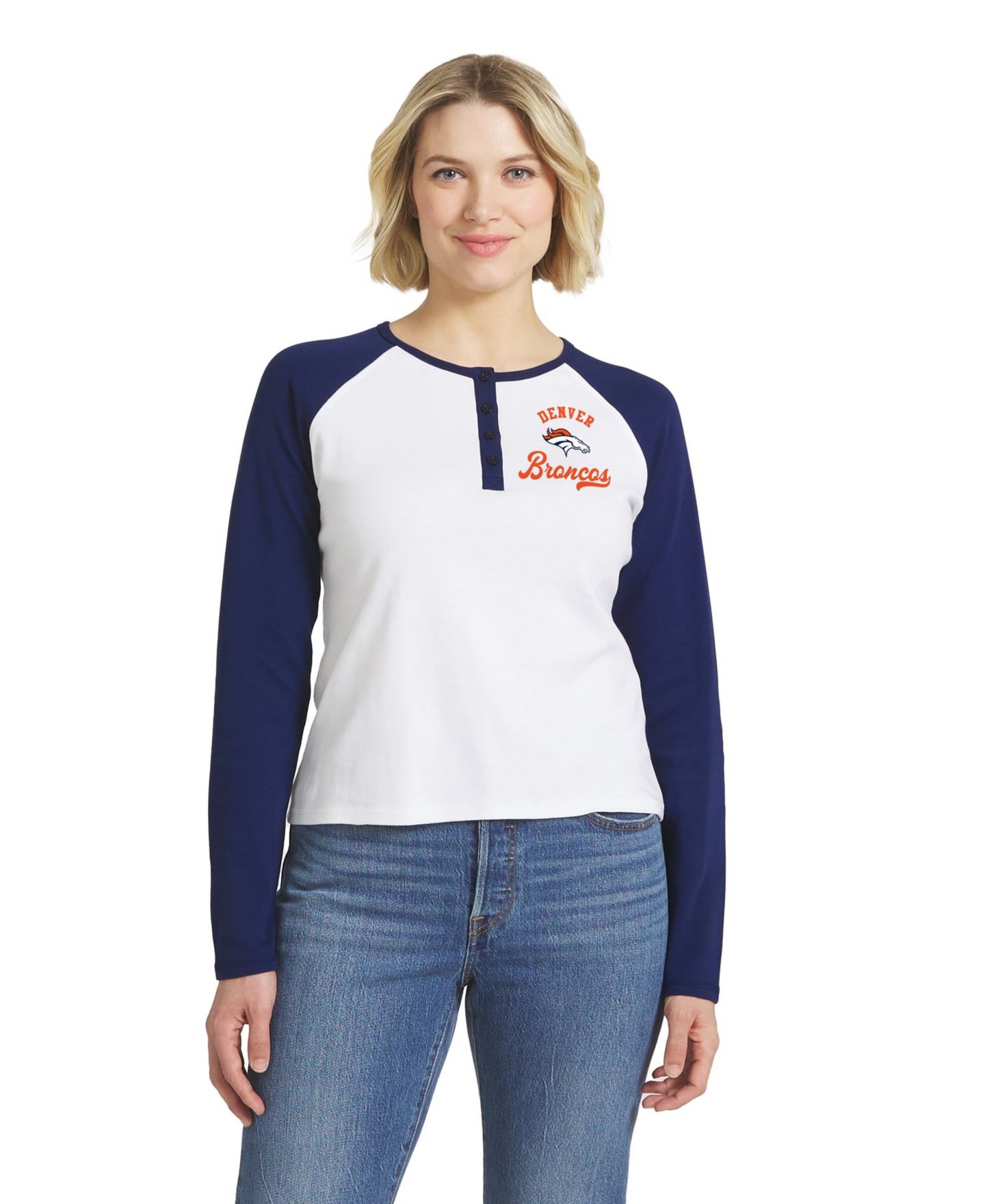 Женская футболка WEAR by Erin Andrews White/Navy Denver Broncos Henley Long Sleeve Raglan — фото 1