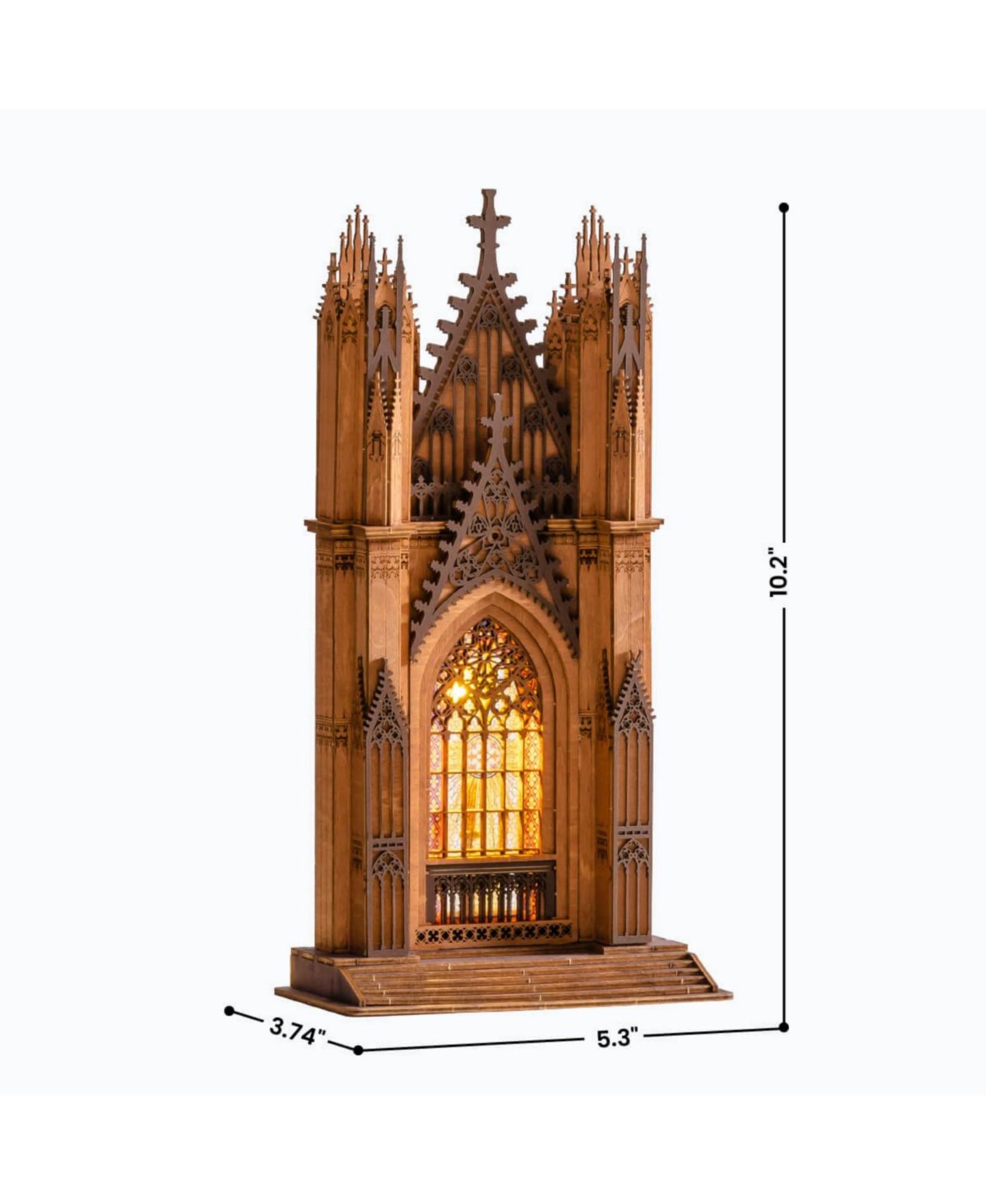 Детский пазл Robotime Gothic Twin Tower Cathedral 111-Piece 3D Wooden Puzzle with LED Lights, от 14 лет, цвет: Коричневый — фото 4