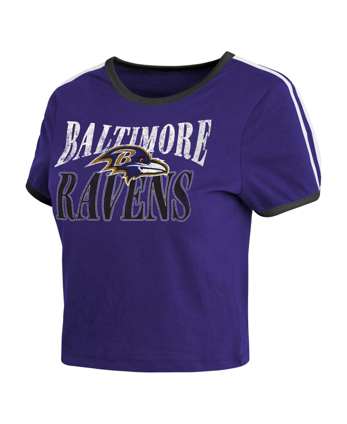 Женская футболка WEAR by Erin Andrews Purple Baltimore Ravens Cropped Throwback Ringer Baby T-Shirt — фото 4