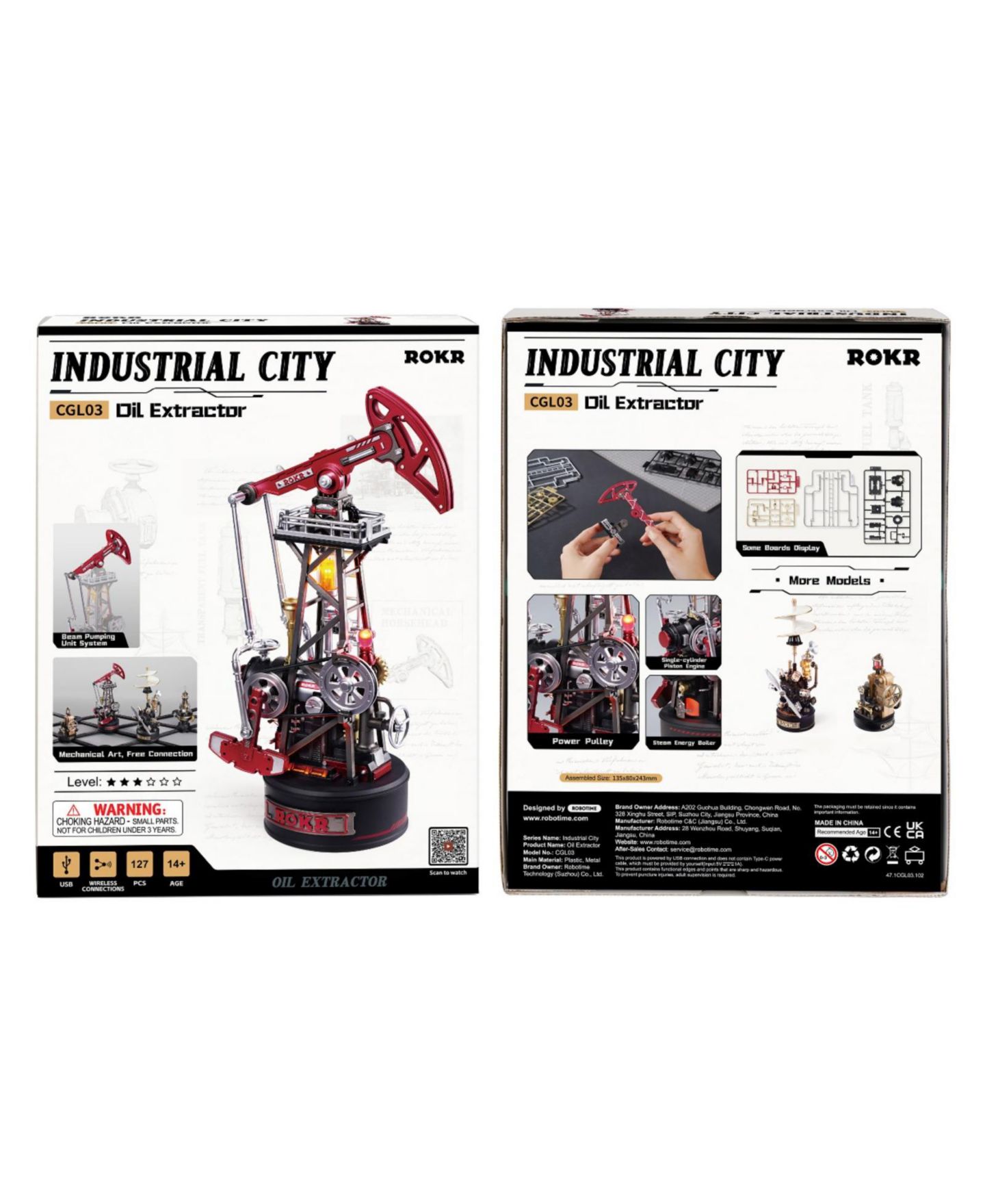 Детский конструктор Robotime Industrial City Series Oil Pump Jack Motorized LED Wooden Puzzle Building Set, Ages 14 & Up — фото 6