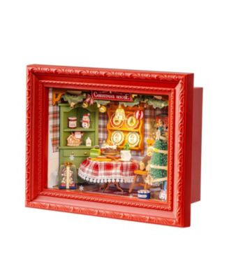 Christmas Eve Party Wood Shadow Box Miniature House Kit with LED Lights and DIY Assembly, Ages 14+