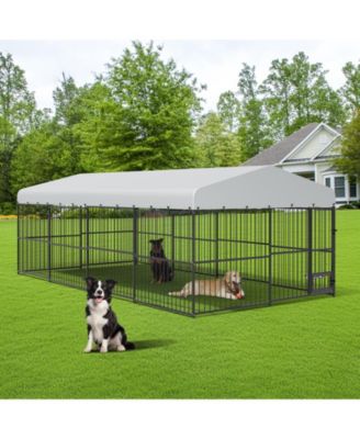 Outdoor Dog Kennel, Large Enclosure with Waterproof Cover and Feeding Doors, for Garden Backyard, 10x20x7 FT