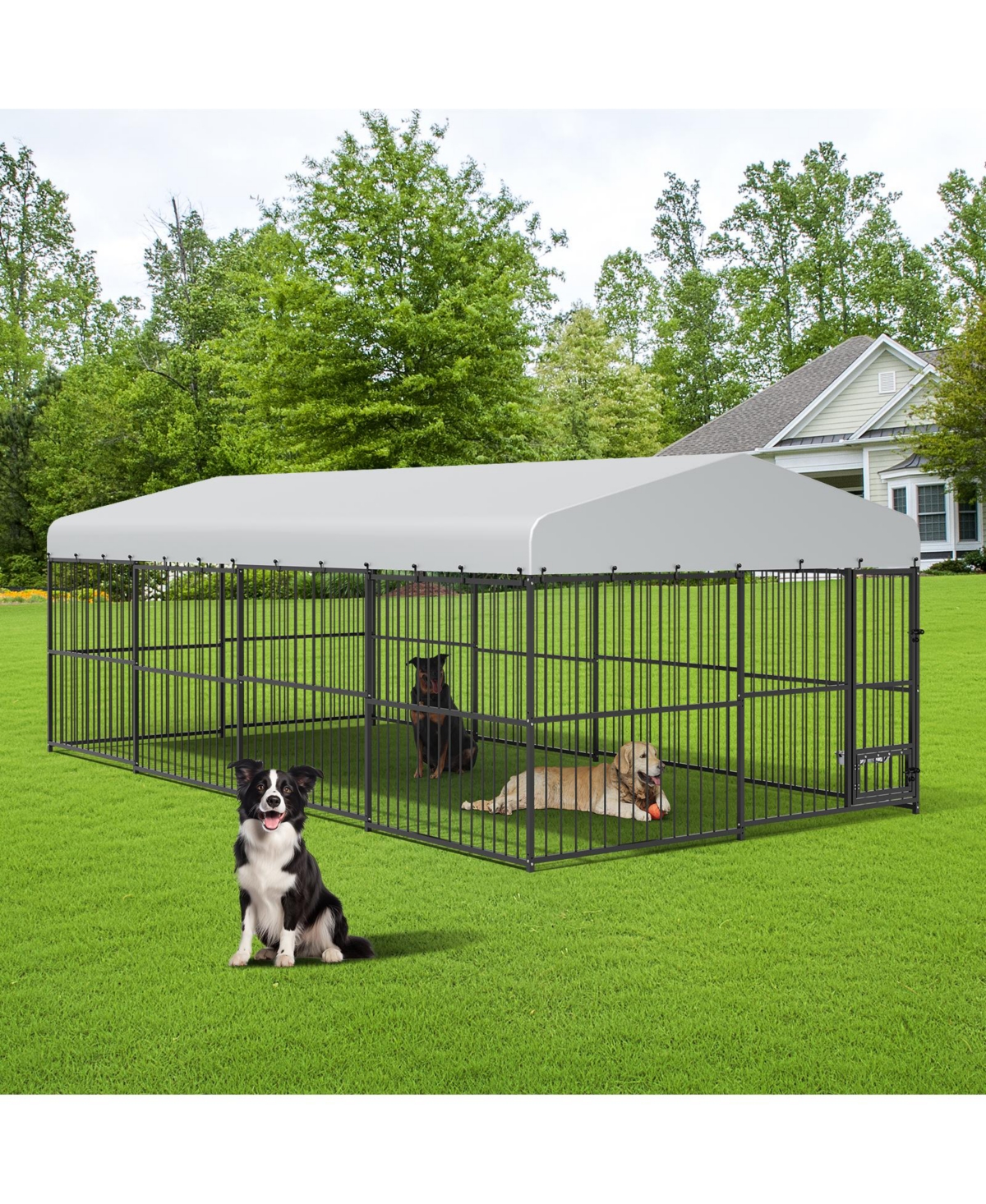 Outdoor Dog Kennel, Large Enclosure with Waterproof Cover and Feeding Doors, for Garden Backyard, 10x20x7 Ft