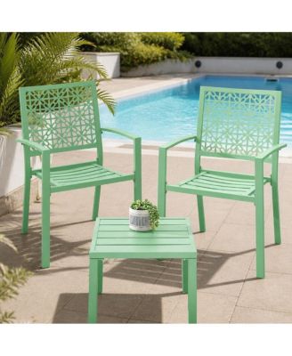3-Piece Metal Patio Bistro Set with 2 Stackable Armchairs and 1 Side Table, Geometric Back Outdoor Dining Set for Balcony Garden