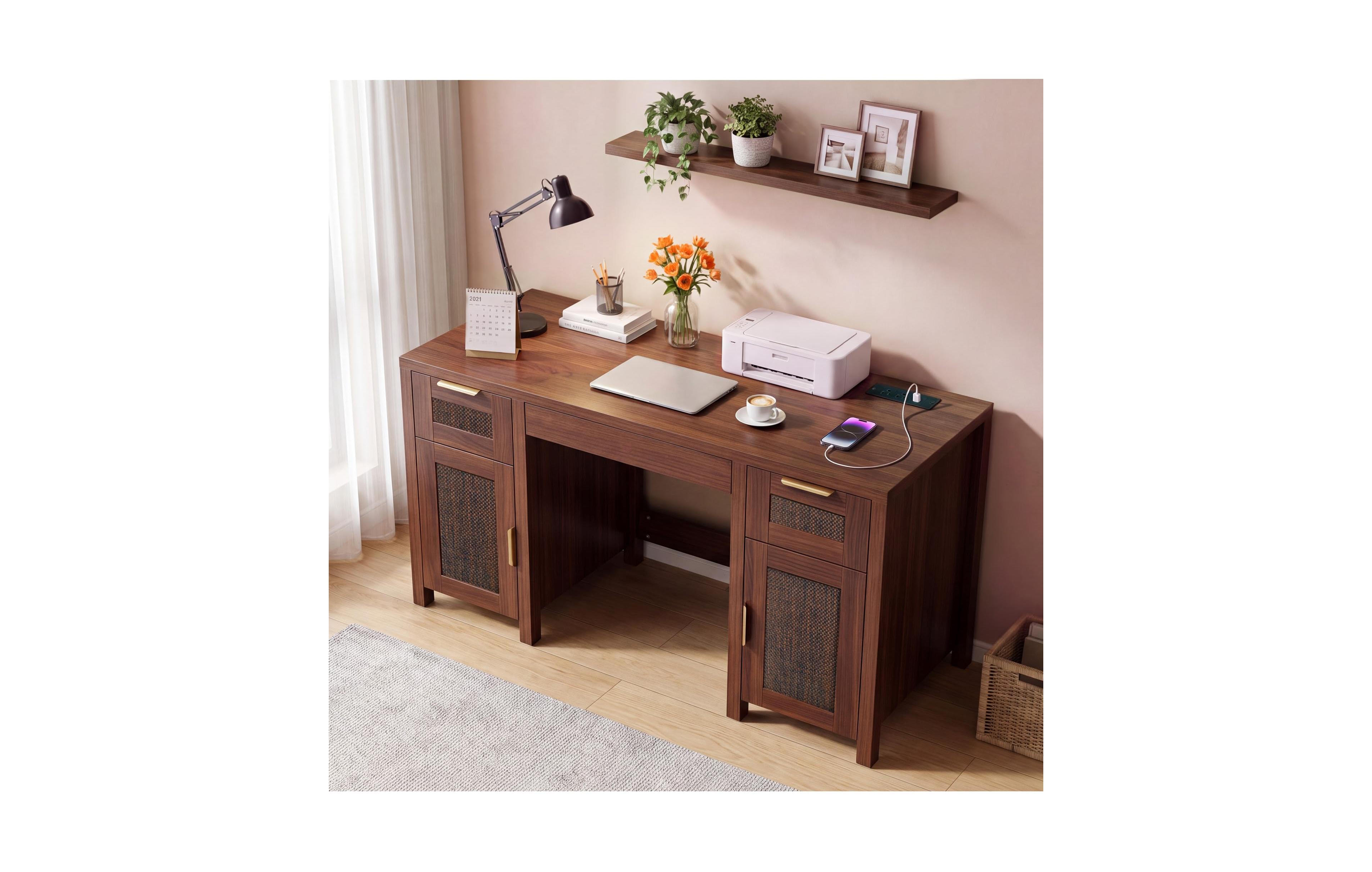 homfan Office Desk, Durable Workstation With Storage Shelves, Space Saving Computer Desk For Home Office, Study and Gaming
