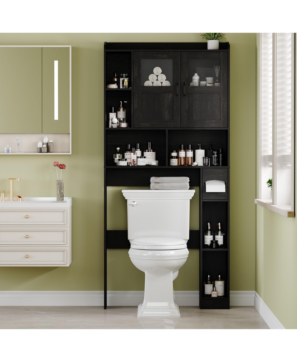 Gaomon 67" Freestanding Over Toilet Storage Cabinet with Open Shelves and Storage Cabinet and Space Saving Bathroom Organizer - Black