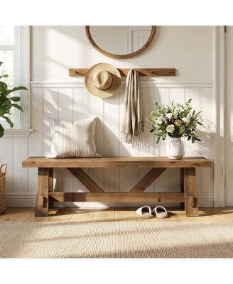 55" Rustic Solid Wood Entryway Bench, Farmhouse Bedroom Bench for Entryway