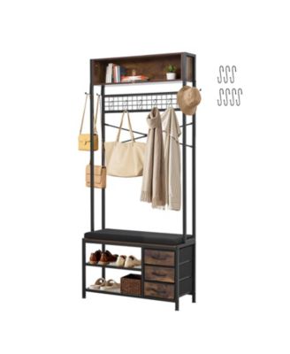 3-in-1 Hall Tree with Shoe Bench, 3 Drawers and Bookshelf, Rustic Brown