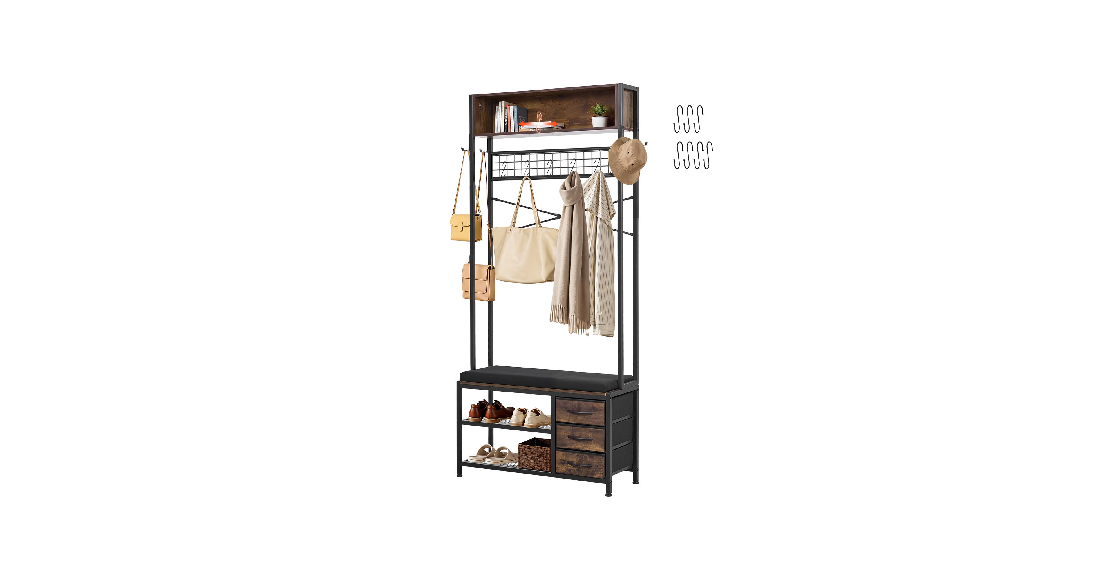 Mecale 3-in-1 Hall Tree with Shoe Bench, 3 Drawers and Bookshelf, Rustic Brown