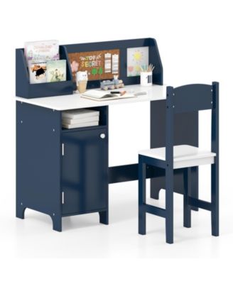Kids Study Desk with Chair Whiteboard Marker Hutch Storage Cabinet