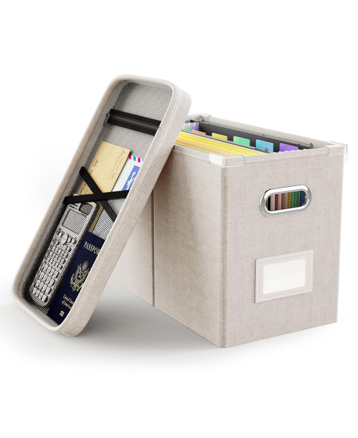 Four Candies Linen Hanging File Organizer Box With Lid Mesh Pocket Stackable Portable Storage