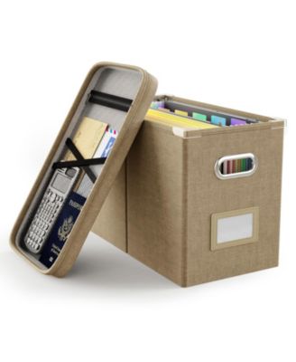 Linen Hanging File Organizer Box With Lid Mesh Pocket Stackable Portable Storage