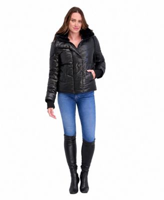 Women's Puffer Jacket With Faux Fur Hood Detail And Rib Knit Storm Cuffs