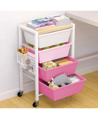 Rolling Storage Cart Wooden Tabletop Pegboards Hanging Basket Lockable Wheels