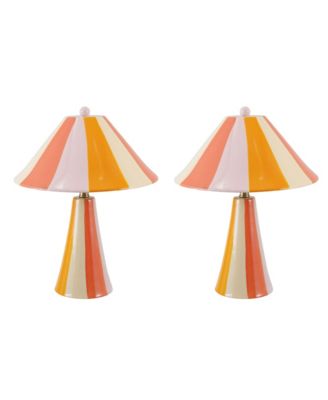 Hand-Painted Stoneware Striped Table Lamps with Shade and Inline Switch, Multicolor , Set of 2