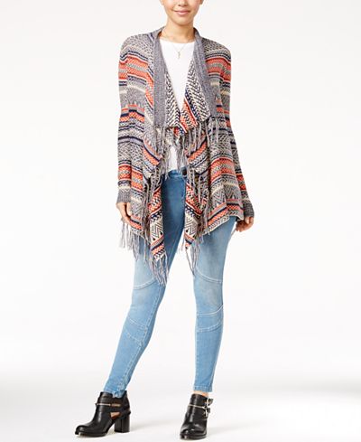 Almost Famous Juniors' Striped Fringe Waterfall Cardigan