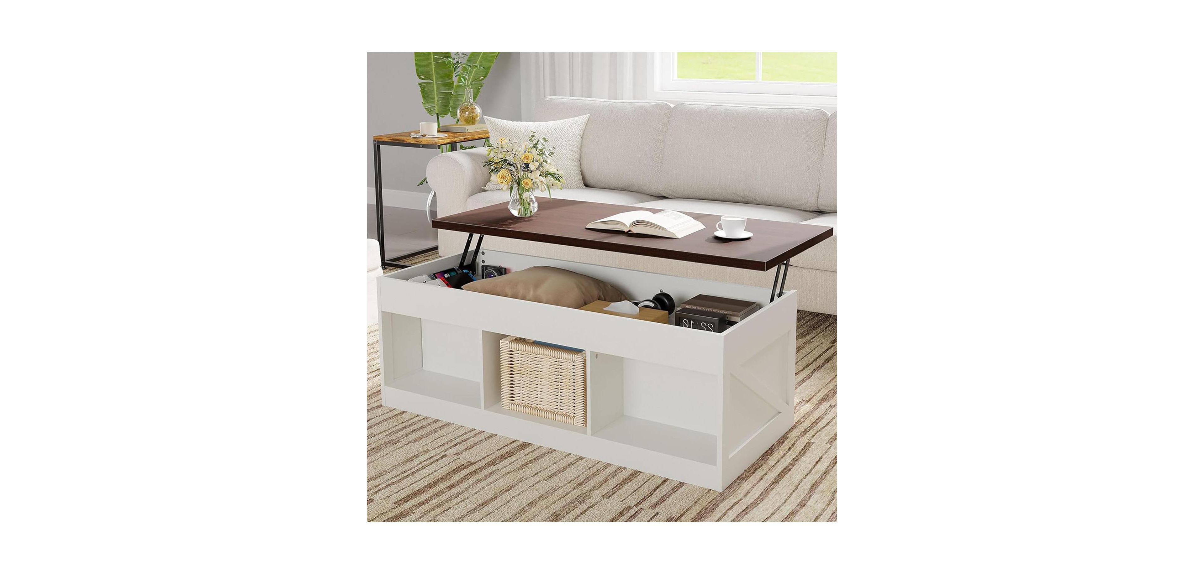 gaomon Farmhouse Lift Top Coffee Table with Storage, 47.2" Coffee Table with Hidden Compartment and Open Shelf, Rising Top Center Tables