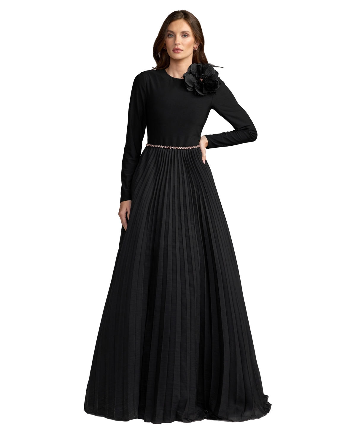 Mac Duggal Women's Floral Applique Pleated A-Line Evening Gown - Black