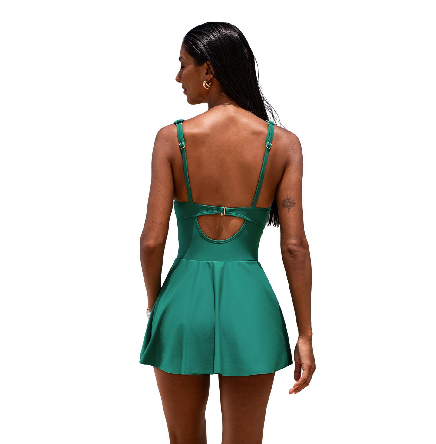 Женское платье Cupshe V Neck Mesh Trim Swim, цвет: Тёмный зелёный — фото 4
